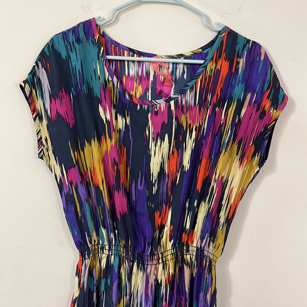 Eight Sixty 100% Silk Cap Sleeve Multicolored Cinched Waist Mini Dress M - Picture 2 of 7